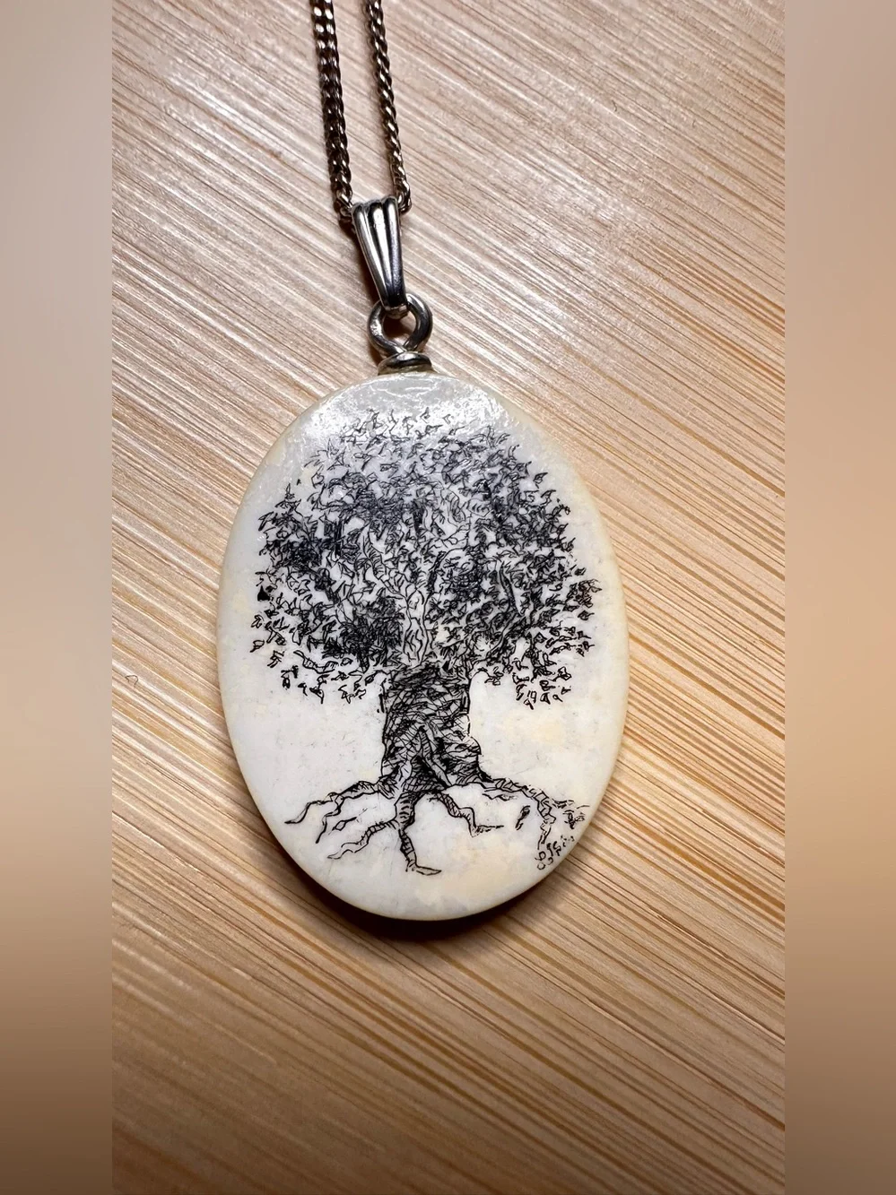 Tree of Life Oval Pendant Necklace - Faux Bone carved on silver tone chain